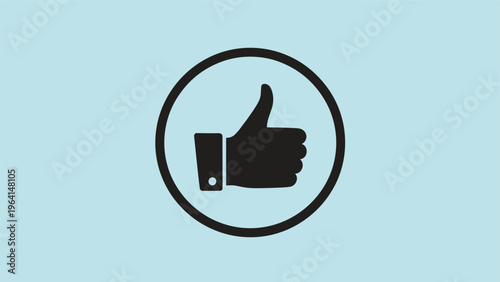 Simple black thumbs up icon enclosed in a circular border on a light blue background for approval and social media likes.