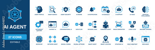 Ai Agent solid vector glyph icon set including agent search, ai notification, chatbot ui, conversational ai, humanoid agent, machine learning, neural network, and smart assistant engine.