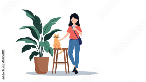 Young girl standing near a large potted plant while gently stroking a cute orange cat sitting on a wooden stool indoors.