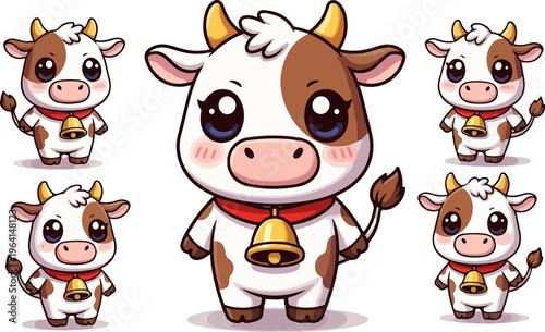 Adorable illustration collection featuring a group of cute cartoon baby cows wearing little red collars with golden bells for farm animal fans
