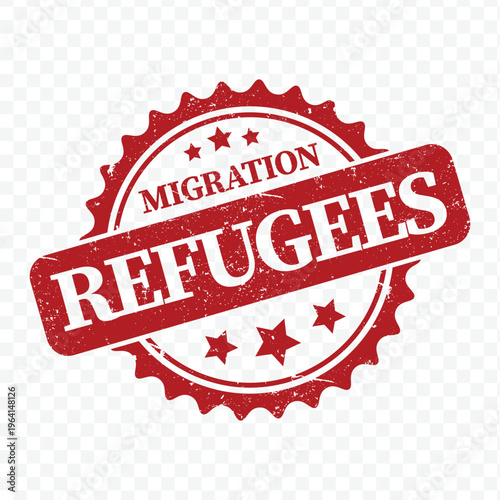 Migration refugees vintage postage stamp featuring red scalloped border with distressed grunge texture pattern design