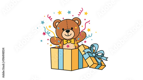 Adorable brown teddy bear wearing a yellow bow tie popping out of a striped surprise box with colorful confetti and stars.