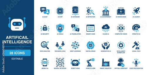 Artificail Intelligence solid vector glyph icon set with ai chip, computer vision, deep learning, generative ai, neural network, robot head, virtual assistant, and machine intelligence.