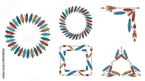 Collection of colorful feather frames and borders in circular, square, and triangular shapes for ethnic and bohemian designs.