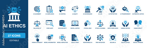 Ai Ethics solid vector glyph icon set featuring ai alignment, automated justice, code audit, ethical bias, gdpr compliance, human centric, responsible ai, and social fairness symbols.