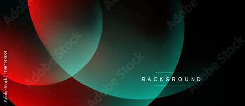Abstract shapes overlap, creating vibrant red, teal gradients. Dark background emphasizes flowing forms, modern design element.