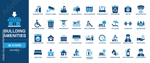 Building Amenities solid vector glyph icon set including security camera, fitness gym, swimming pool, laundry machine, passenger elevator, car parking, wheelchair access, and first aid.
