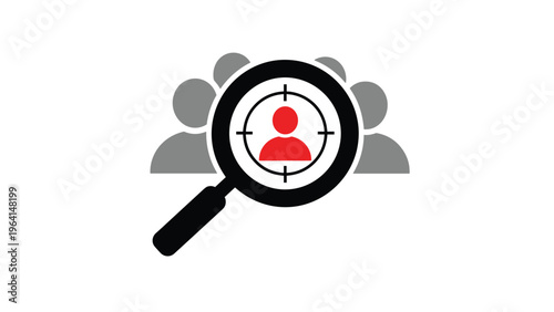 Magnifying glass focused on a single red person silhouette among other grey people for recruitment or targeting.