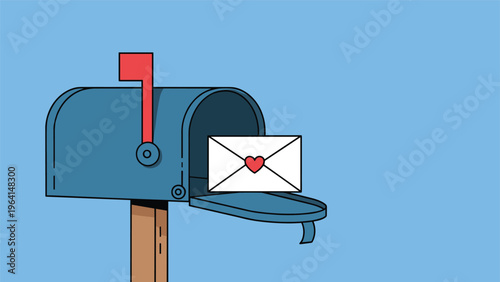 Blue mailbox with its door open and a single white envelope with a red heart sitting on the tray against a blue sky.