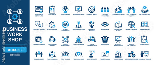 Business Work Shop solid vector glyph icon set including award trophy, career mentorship, project management, success celebration, workshop training, team agreement, and creative meeting.