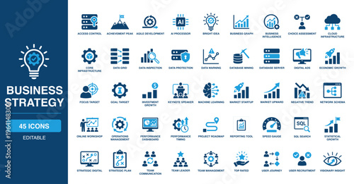 Business Strategy solid vector glyph icon set featuring ai processor, business intelligence, data protection, economic growth, machine learning, project roadmap, and operations planning.