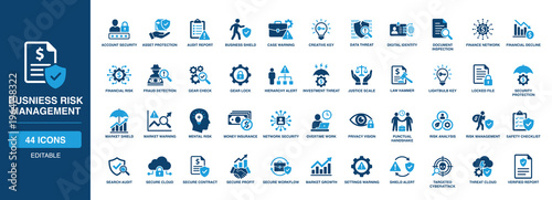Busniess Risk Management solid vector glyph icon set featuring asset protection, audit report, data threat, fraud detection, security protection, risk analysis, and financial insurance.
