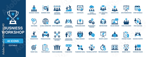 Busniess Workshop solid vector glyph icon set including career growth, data presentation, group discussion, online webinar, problem solving, team celebration, and time management goals.