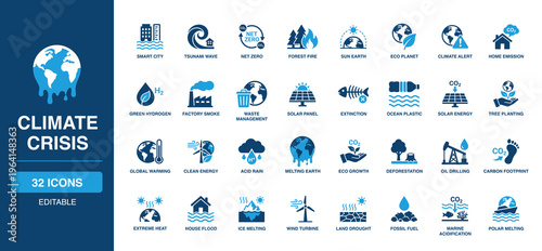 Climate Crisis solid vector glyph icon set with net zero, forest fire, global warming, ocean plastic, solar energy, carbon footprint, wind turbine, deforestation, and ice melting icons.