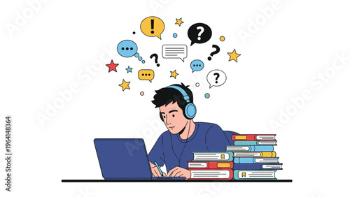 Focused student with headphones studying at a laptop with a stack of books while creative ideas flow in thought bubbles.