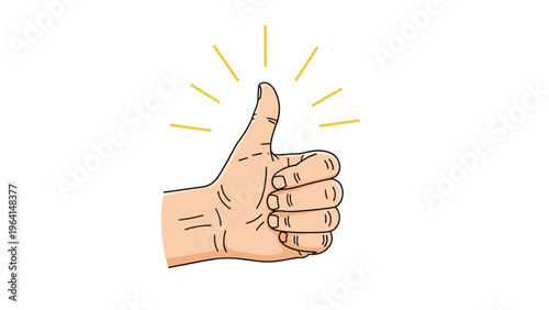 Detailed hand giving a confident thumbs up gesture with bright yellow radiating lines symbolizing success and positivity.