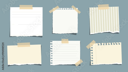 Set of various torn and ripped blank paper sheets attached with adhesive tape on a neutral blue gray background.