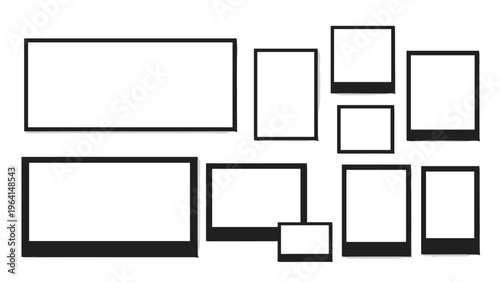 Collection of various blank black picture frames and photo placeholders of different sizes arranged on a plain white background.
