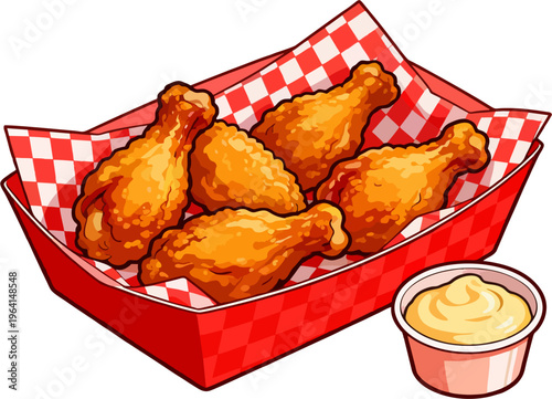 Crispy Fried Chicken Drumsticks in Red Checkered Paper Tray with Dipping Sauce, Cartoon Vector Food Illustration