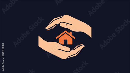 Stylized illustration of human hands gently cupping and protecting a small orange house symbol on a dark blue background.