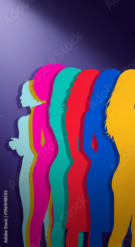 Colorful silhouette of woman figure in profile, artistic composition; representing diversity, power, style, empowerment, and feminine concept