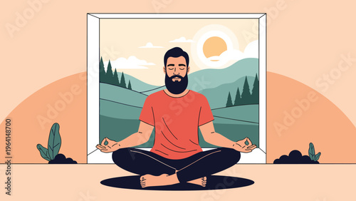 Bearded man practicing meditation in a lotus pose near a large window with a peaceful mountain landscape view at sunset.