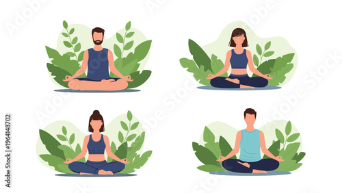 Diverse group of people practicing meditation in nature surrounded by green leaves to promote mental and physical well-being.