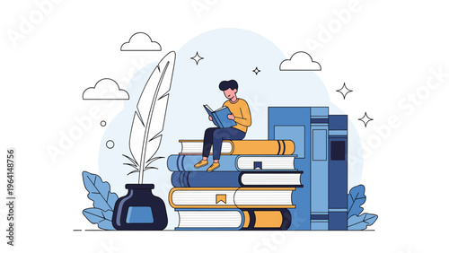 Young boy sitting and reading a book on top of a giant stack of books near a large quill and ink pot in a dreamy atmosphere.