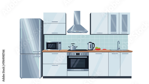 Contemporary kitchen interior design with light grey cabinets a large refrigerator a stove oven microwave and range hood.