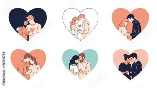 Set of romantic illustrations featuring diverse couples embracing and holding hands enclosed within various colored heart shapes.