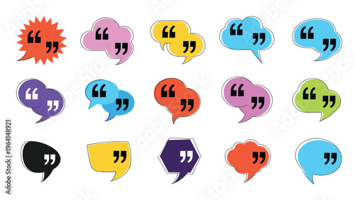 Wide variety of colorful speech and thought bubbles featuring quotation marks used for dialogues and testimonials.
