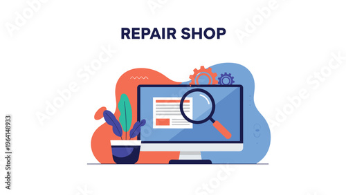 Computer screen showing repair shop search results with magnifying glass and mechanical gear symbols on abstract background for services.