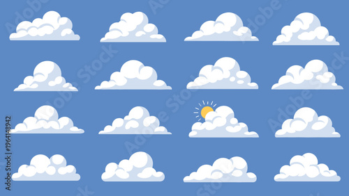 Big collection of various fluffy white clouds and sun icon on blue sky background for weather forecast design and climate illustrations.