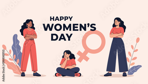 International women's day illustration with diverse confident female characters and feminist symbol for empowerment message and unity.