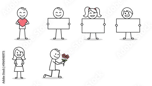 Collection of stick figure people in various poses including holding blank signs and heart for love concept and social communications.