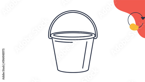 Simple black outline drawing of an empty household bucket with a handle isolated on a white background with abstract shapes.