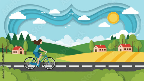 Illustration of a woman leisurely riding a bicycle along a road winding through a peaceful countryside with hills and houses.