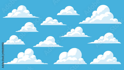 Group of diverse fluffy white cloud illustrations against a bright blue sky background for weather concepts and climate forecast art.