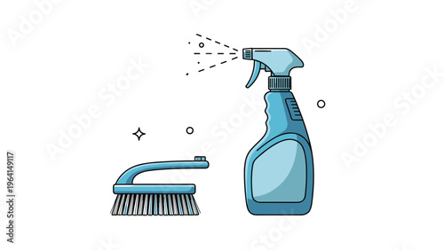 Household cleaning supplies icon featuring blue spray bottle and scrubbing brush on white background for domestic chores and hygiene.