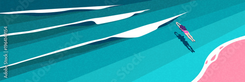 Cute pastel summer banner collection featuring ocean, train and coastal landscape.