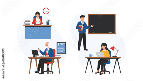 Group of diverse business people and educators working in various office and classroom settings with laptops for professional growth.