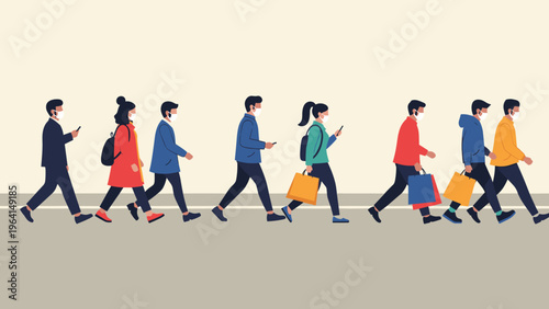 People wearing protective face masks and walking on city street while using mobile phones for communication and public safety health.