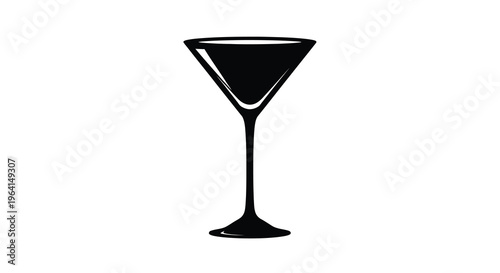 A minimalist black silhouette depicts a classic martini glass showcasing its iconic conical shape and slender stem high quality professional detailed