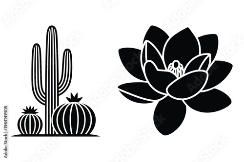 Cactus plants and lotus flower vector silhouette with flower head
