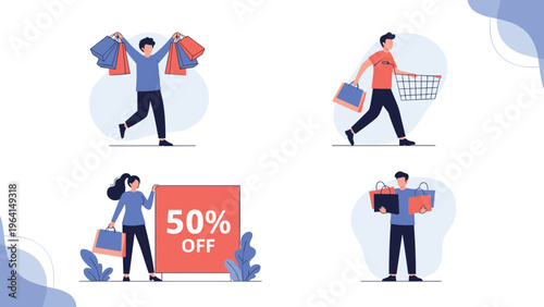 Group of shoppers carrying shopping bags and woman standing next to 50 percent discount sign for retail promotion and sales marketing.