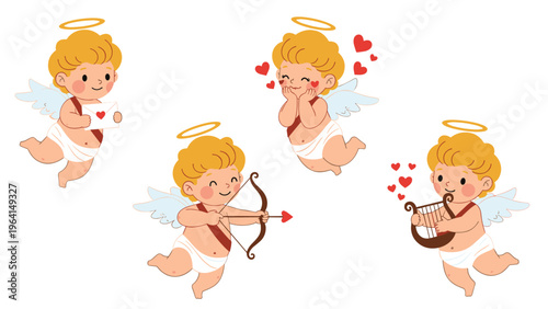 Collection of cute baby cupids in various poses with love letter bow and harp for valentine day theme and romantic greeting cards art.
