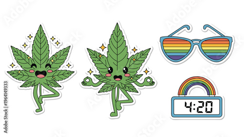 Set of fun stickers with cartoon marijuana leaf meditating and rainbow sunglasses for 420 culture theme and chill lifestyle stickers.