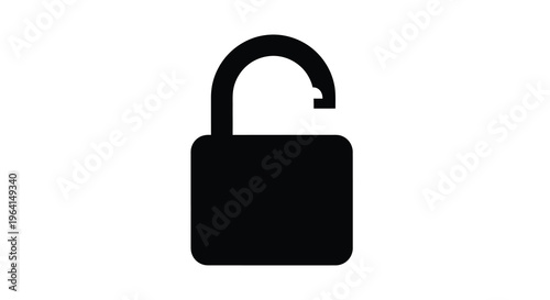 A simple black and white illustration depicts an open padlock signifying security access or freedom from restriction high quality professional detailed