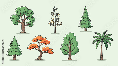 Collection of various types of trees including deciduous pine and palm tree for nature and environment design and outdoor landscapes.