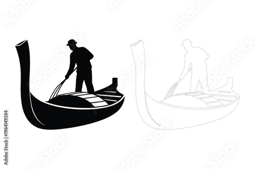Gondolier steering gondola boat vector silhouette with black and white